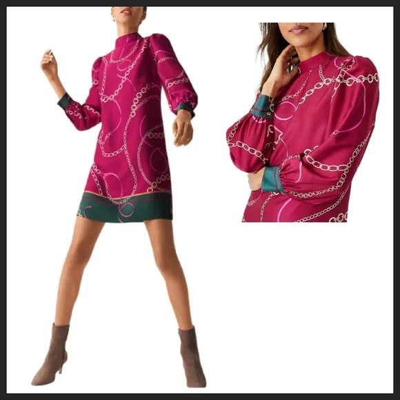 NEW! ANN TAYLOR Chain Print Mock Neck Sheath Mini Dress XSP. - Picture 1 of 8
